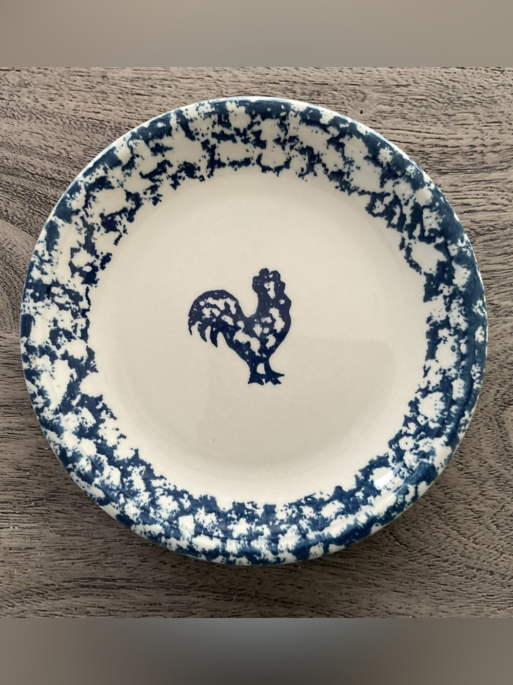 Vintage Tienshan Folk Craft Blue Sponge Rooster Salad Dessert Plate, 7-1/4”